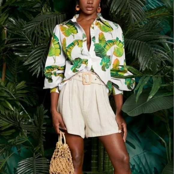 undefined Tops - WHITE PALM BUTTON DOWN PANTERN SLEEVE SHIRT SUMMER VACAY